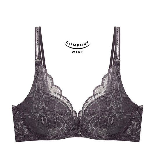 Shimmer Lace Wired Push Up Deep V Bra - GRAPHITE