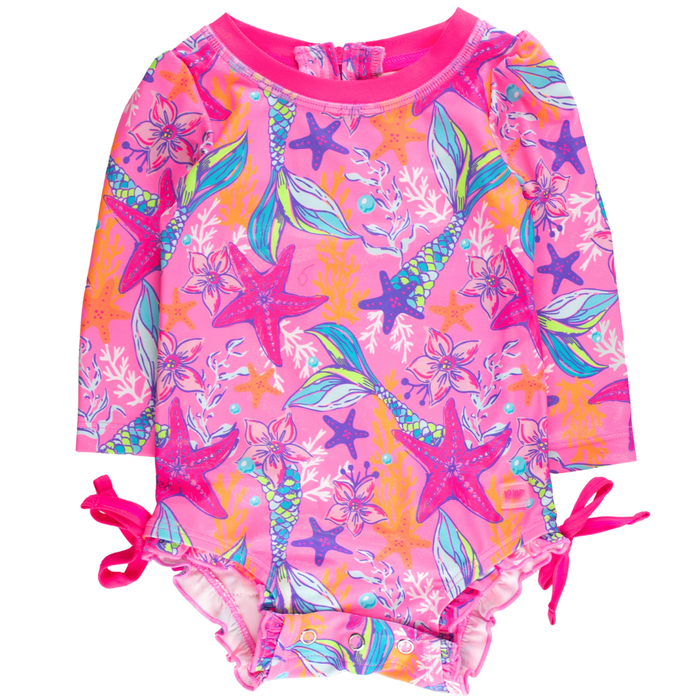 Pink long sleeve mermaid one-piece swimsuit with starfish print, side bows, and snap bottom.