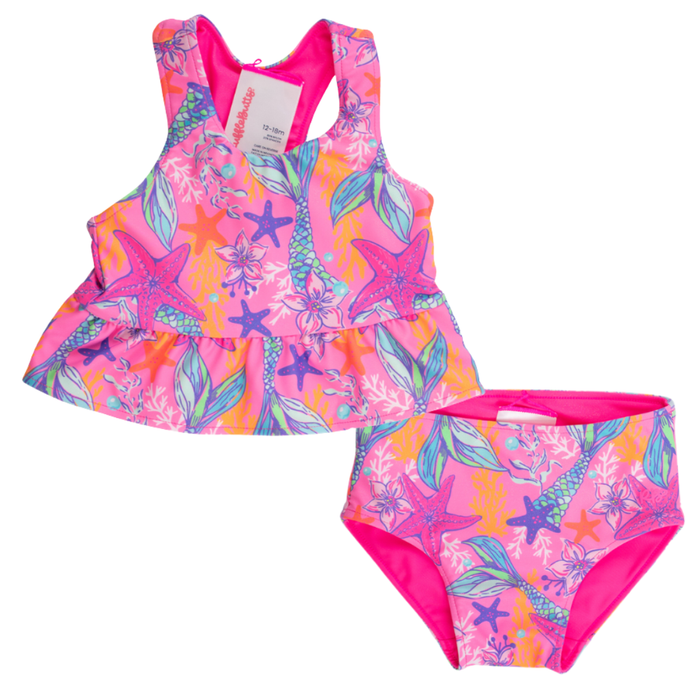 Pink mermaid and starfish print girls’ 2-piece tankini swim set with peplum top and matching bikini bottoms.