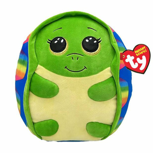 Green turtle with rainbow shell, with yellow glittery eyes.