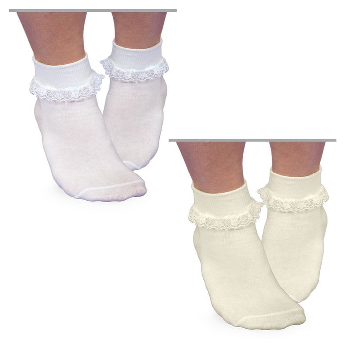 group picture Girls floral lace socks with delicate lace cuff, smooth toe construction, and a cotton-rich blend for comfort and durability.