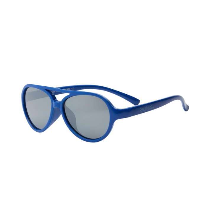 Royal blue aviator-style toddler sunglasses with flexible frame and silver mirror polycarbonate lenses for ages 2 and up.