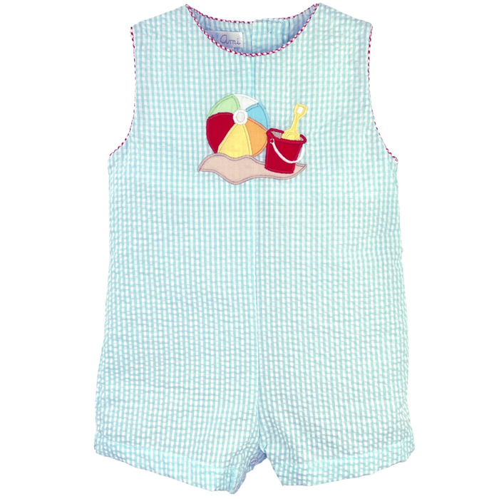turquoise seersucker baby boy romper with a beachball and beach pail applique