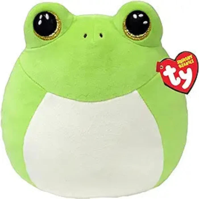 green frog with white belly and sparkly yellow eyes.