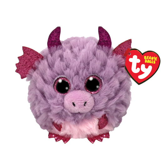 Purple fluffy dragon with pink horns and wings, with sparkly pink eyes, and pink hands and feet.