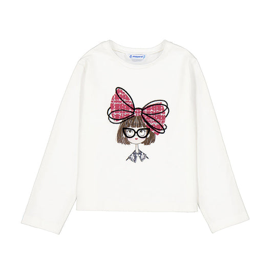 Girls white long sleeve shirt with illustrated girl graphic wearing glasses and a pink bow with sparkle detail