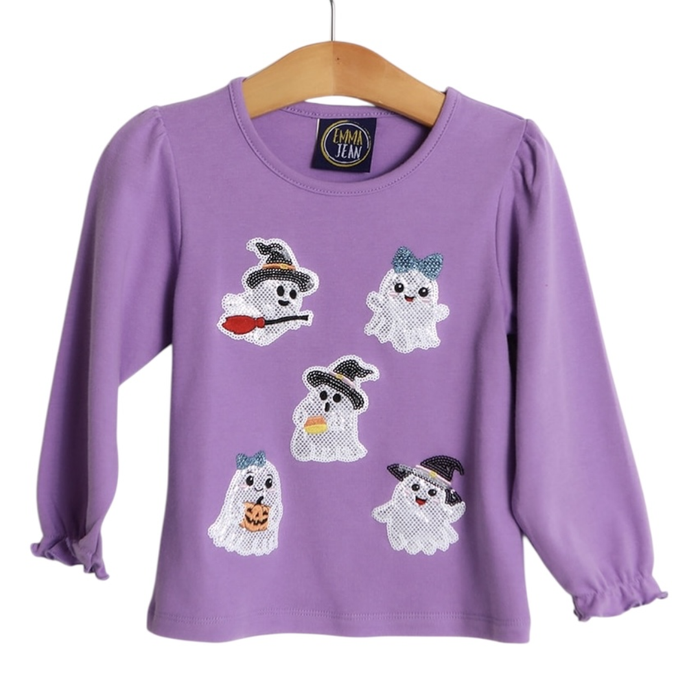 Girls purple long sleeve shirt with sequin ghost designs wearing hats and bows on hanger
