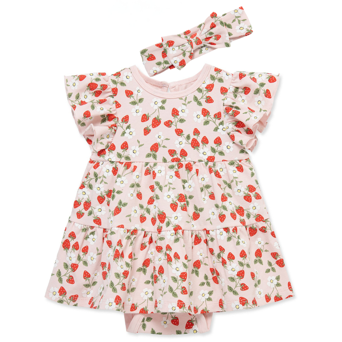Pink baby girl strawberry print bodysuit dress with flutter sleeves and matching bow headband.