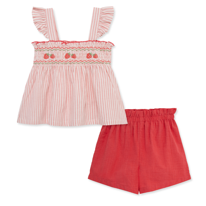 Pink striped baby girl smocked strawberry top with red elastic waist shorts.