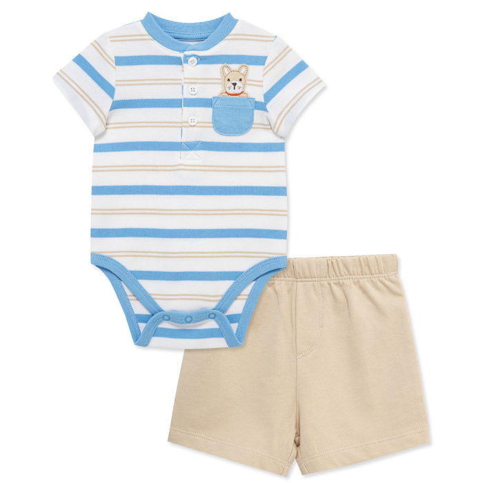 Blue and tan striped baby bodysuit with embroidered puppy pocket and matching tan elastic waist shorts.