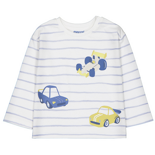 Baby striped long sleeve shirt with colorful race car graphics and shoulder snap closure