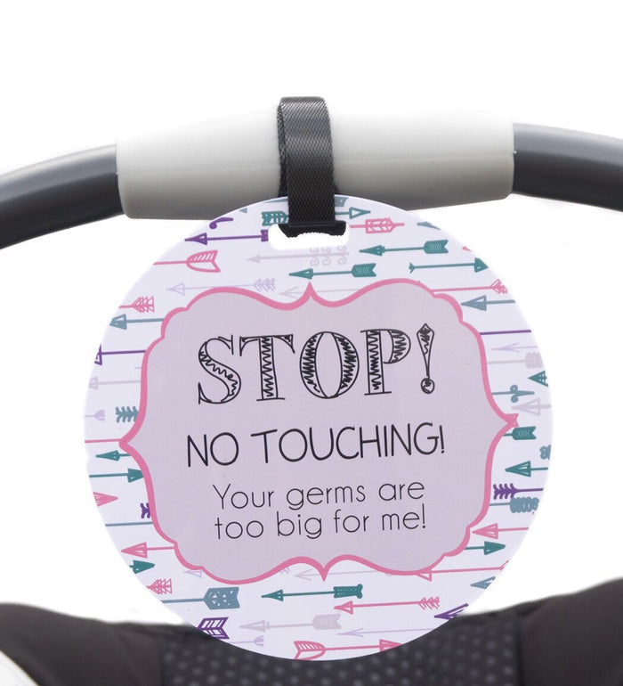"stop. no touching. your germs are too big for me." pink and purple arrow pattern.