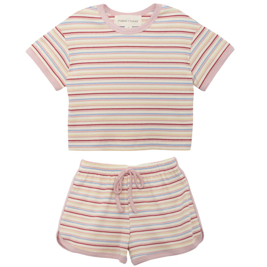 Girls striped short set with pastel ribbed tee and matching elastic waist shorts on white background