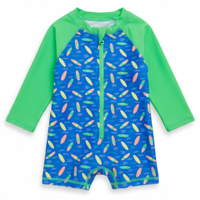 Blue surfboard print long sleeve baby swim romper with green sleeves and front zipper.