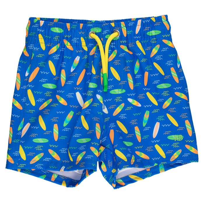 Colorful  neon swim shorts with a surfboard pattern on a white background