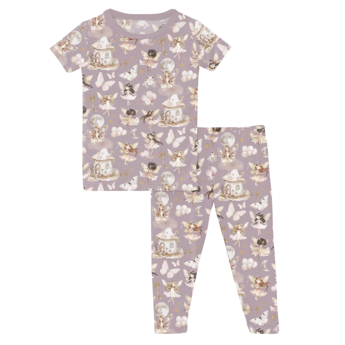 Girls mauve fairy print pajama set with butterflies and mushroom house design.