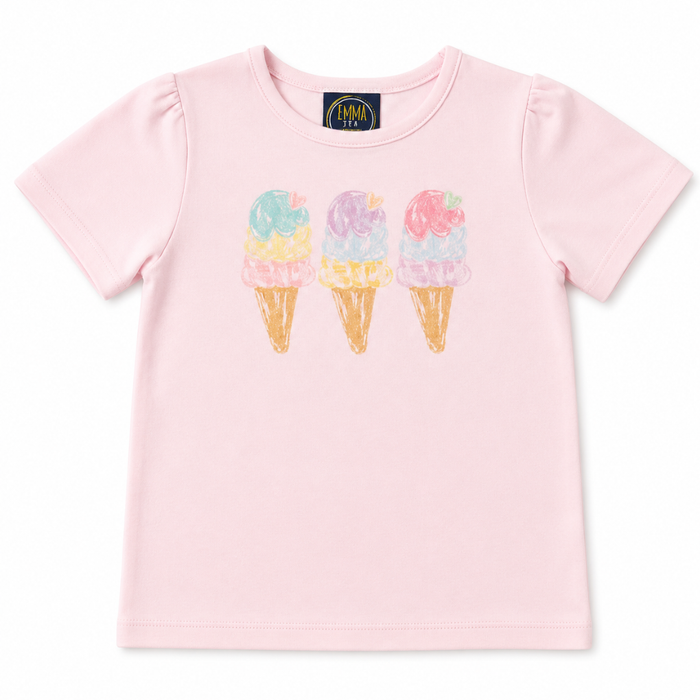 Light pink girls short sleeve tee with three pastel ice cream cone graphics on the front.