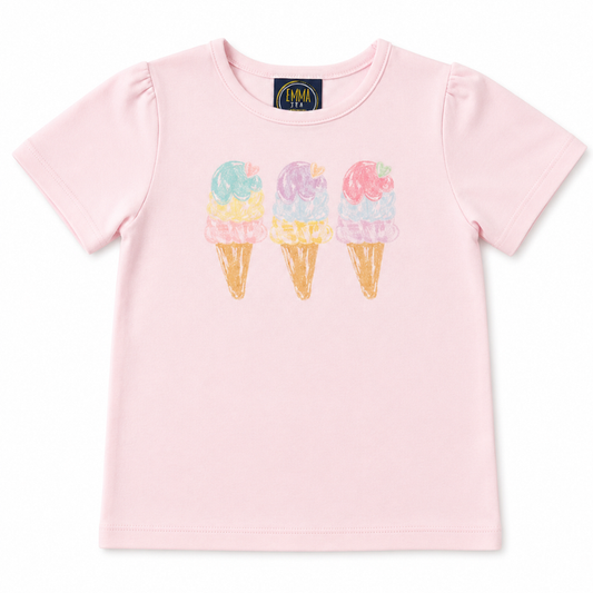 Light pink girls short sleeve tee with three pastel ice cream cone graphics on the front.