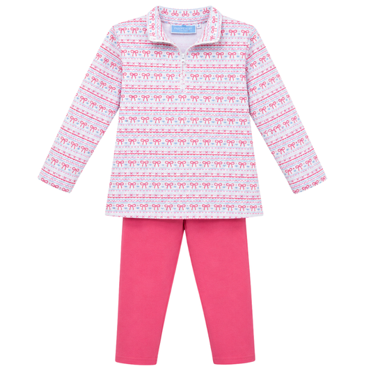Girls two-piece set with bow print quarter zip pullover and solid pink leggings, featuring a soft and comfortable fit.