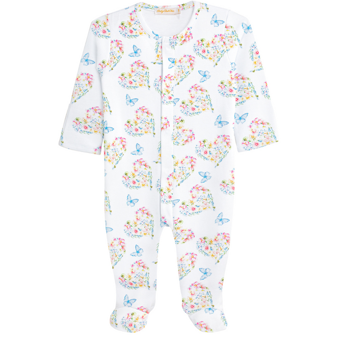white footie with floral hearts and blue butterflies.