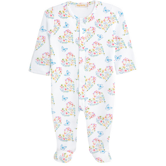 white footie with floral hearts and blue butterflies.