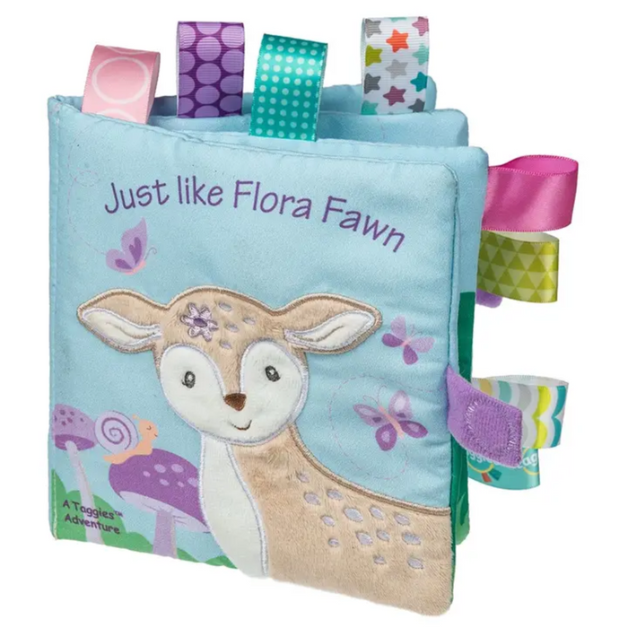 Soft Taggies baby book "Just Like Flora Fawn" with fabric cover, crinkle pages, and textured tags for sensory play