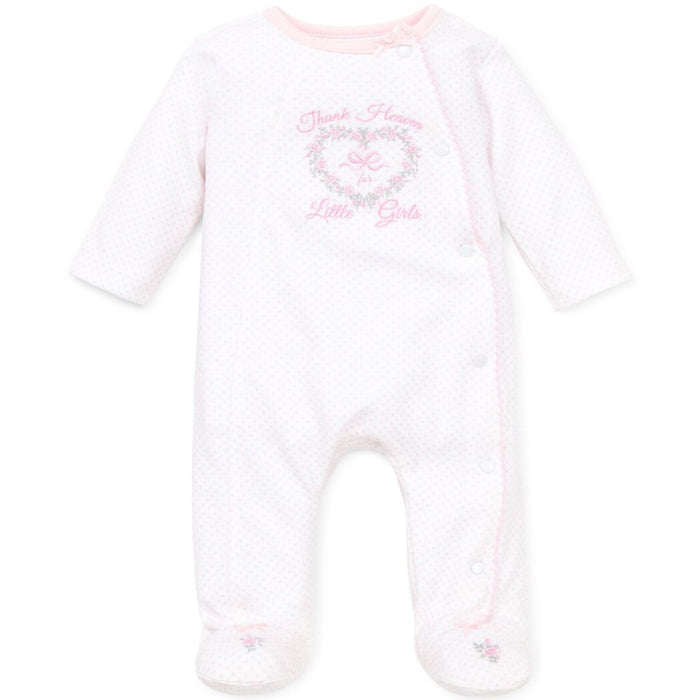 white and pink footie with "thank heaven for little girls" writing with roses in the shape of a heart.