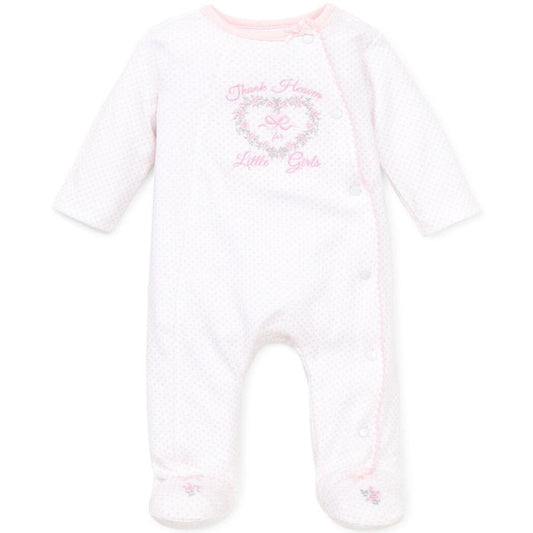 white and pink footie with "thank heaven for little girls" writing with roses in the shape of a heart.