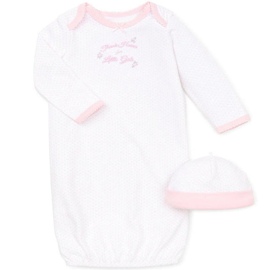 white gown with "thank heaven for little girls" stitched on the front. gown has little pink polka dots all over and has a matching hat.