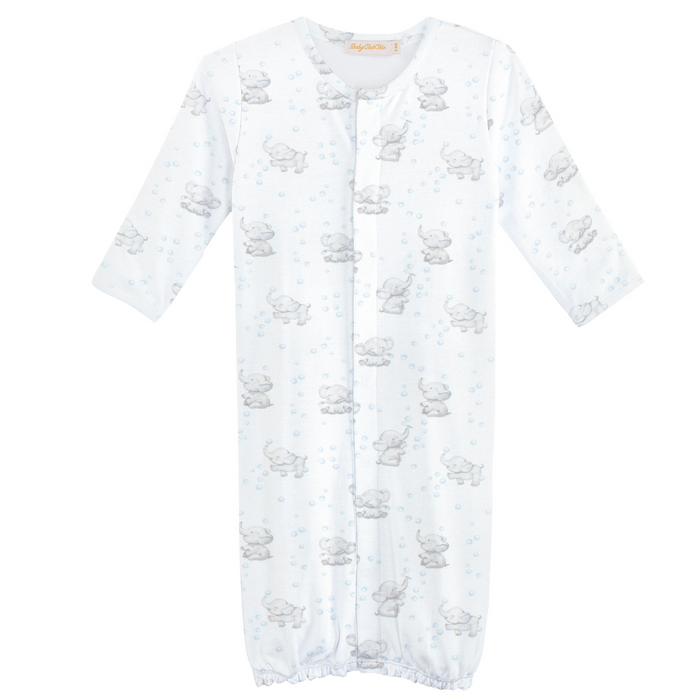 White baby converter gown with long sleeves and allover print of gray elephants blowing blue bubbles, featuring elastic hem and snap front.