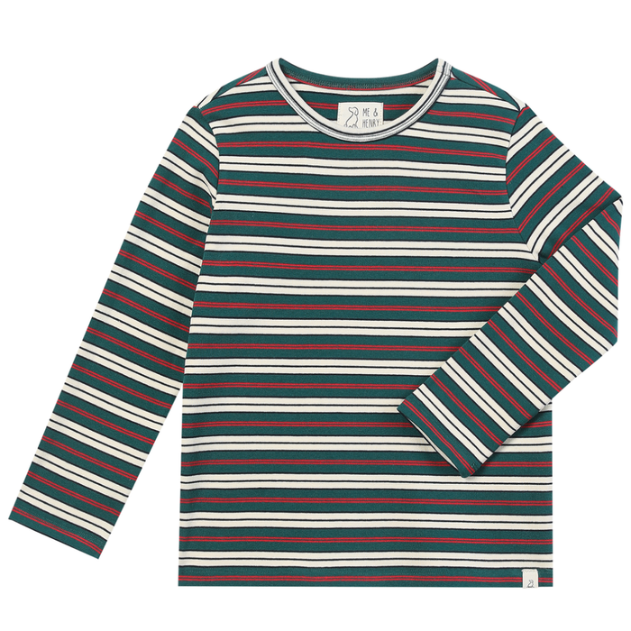 Boys green, white, and red striped long sleeve t-shirt on a white background.