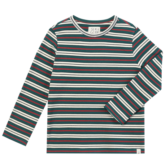 Boys green, white, and red striped long sleeve t-shirt on a white background.