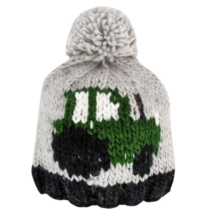 Green tractor on a light grey knit pom pom beanie hat