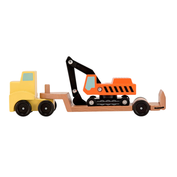 Wooden construction toy featuring a yellow truck with a flatbed trailer carrying an orange excavator with a movable arm.