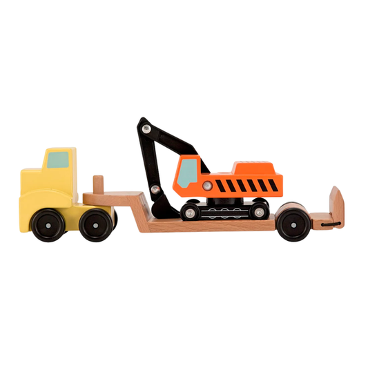 Wooden construction toy featuring a yellow truck with a flatbed trailer carrying an orange excavator with a movable arm.