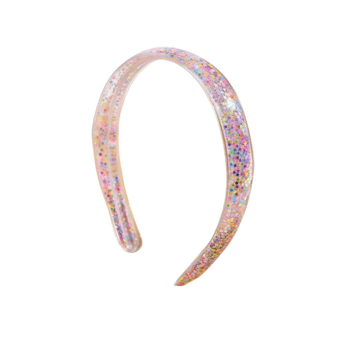 Clear plastic headband filled with colorful floating star glitter, perfect for girls and tweens.