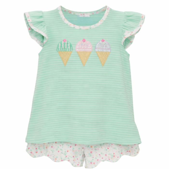 Mint green girls flutter sleeve top with three ice cream cone appliqués paired with matching floral scalloped shorts on white background.