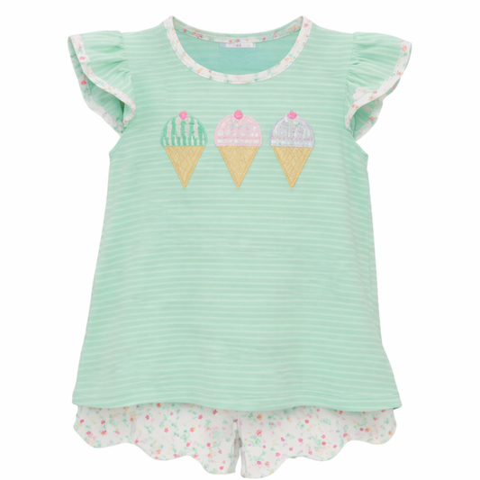 Mint green girls flutter sleeve top with three ice cream cone appliqués paired with matching floral scalloped shorts on white background.