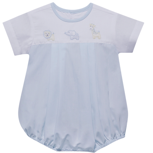 Baby boys light blue short sleeve bubble romper with embroidered safari animals across chest on white background