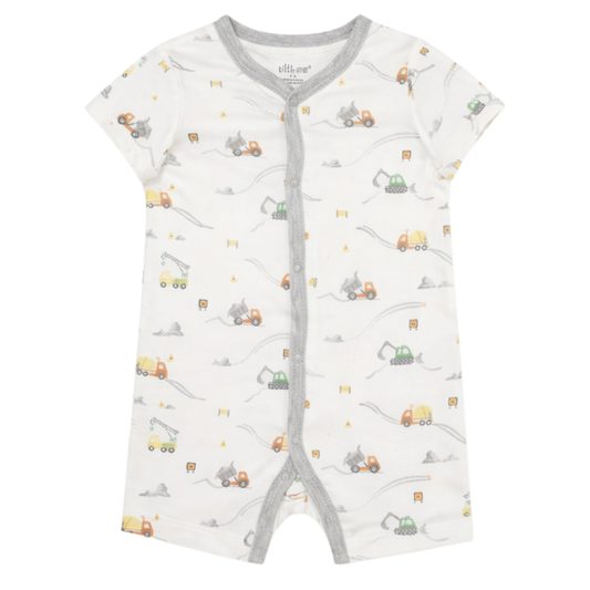 Baby short sleeve construction print romper with gray trim, featuring dump trucks, excavators, and cement mixers on white fabric.