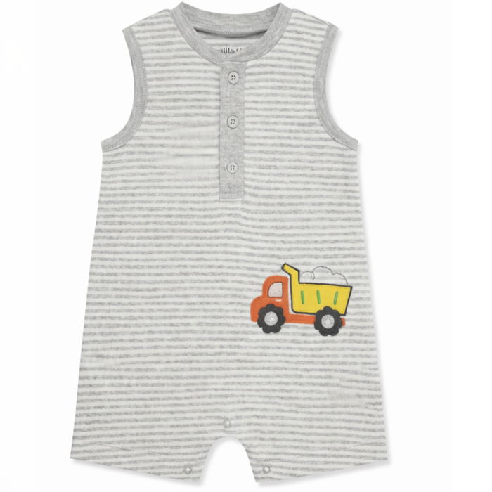 Baby boy gray striped sleeveless romper with three-button placket and colorful dump truck appliqué on front.