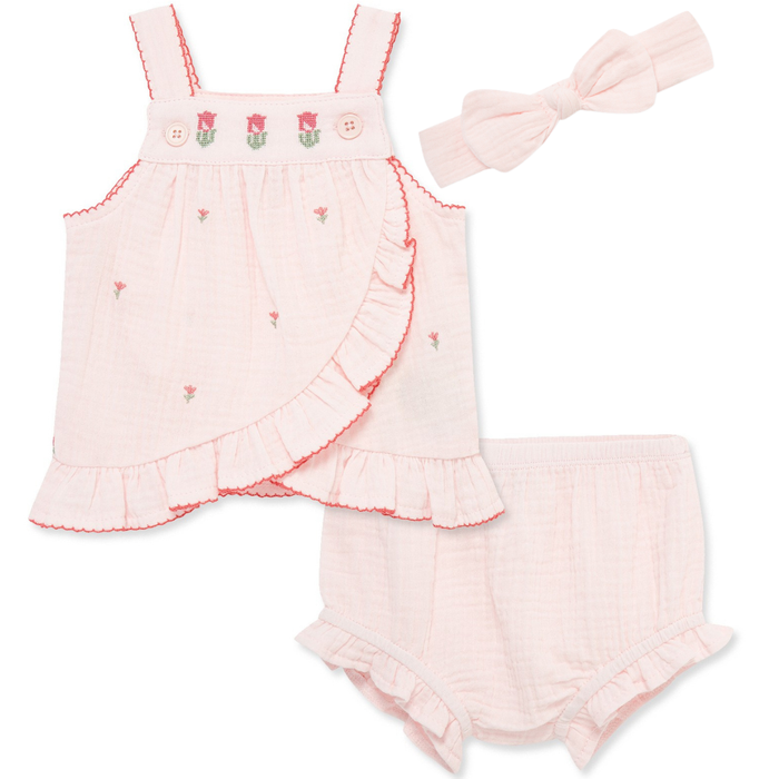 Light pink baby girl tulip embroidered sunsuit with ruffle detail, matching bloomers, and soft bow headband.