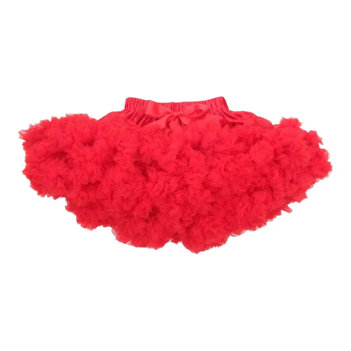 Red tutu with layers of tulle and a stretchy waistband, perfect for twirling