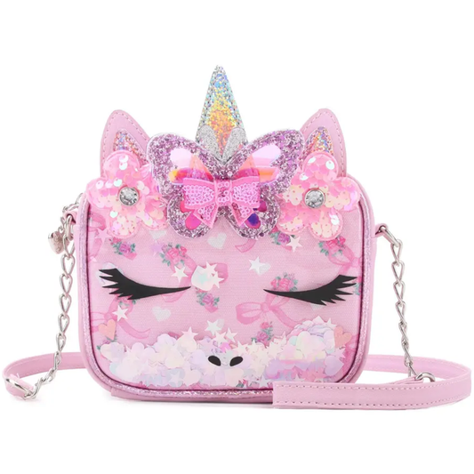 Pink unicorn crossbody bag with glitter horn, sequin flowers, butterfly detail, and chain strap