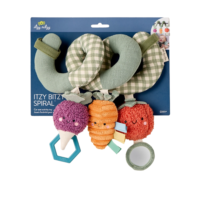 Veggie themed Itzy Ritzy Itzy Bitzy Spiral car seat toy with plush vegetables, crinkle textures, mirror, and teether attachment.