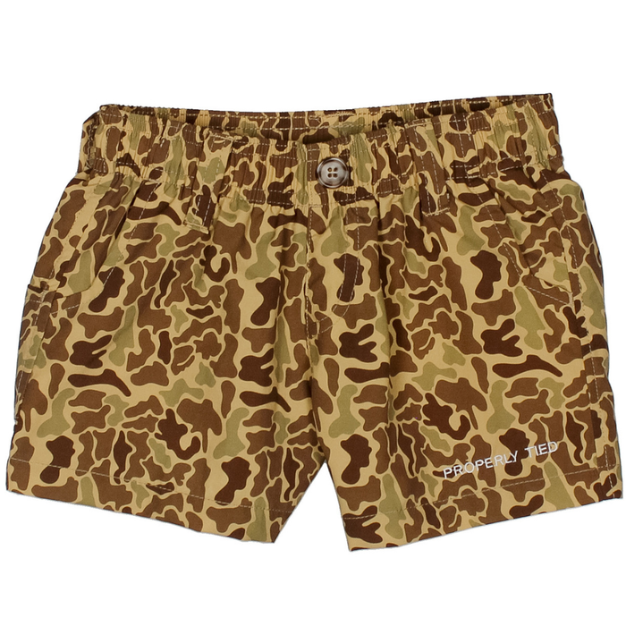 Boys vintage camo shorts with elastic waistband, button detail, and Properly Tied logo.