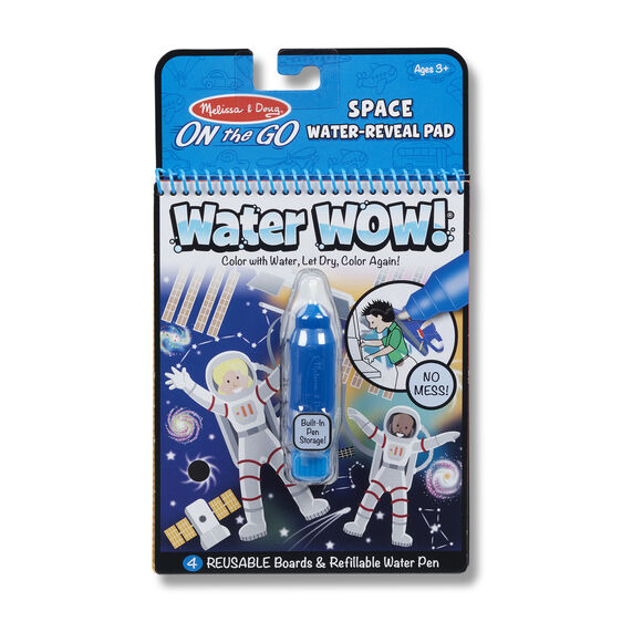 Packaging of 'Water Wow! Color with Water' featuring a space-themed scene with astronauts and a refillable water pen, indicating no-mess painting for kids.