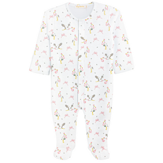 white footie with stork carrying pink blanket