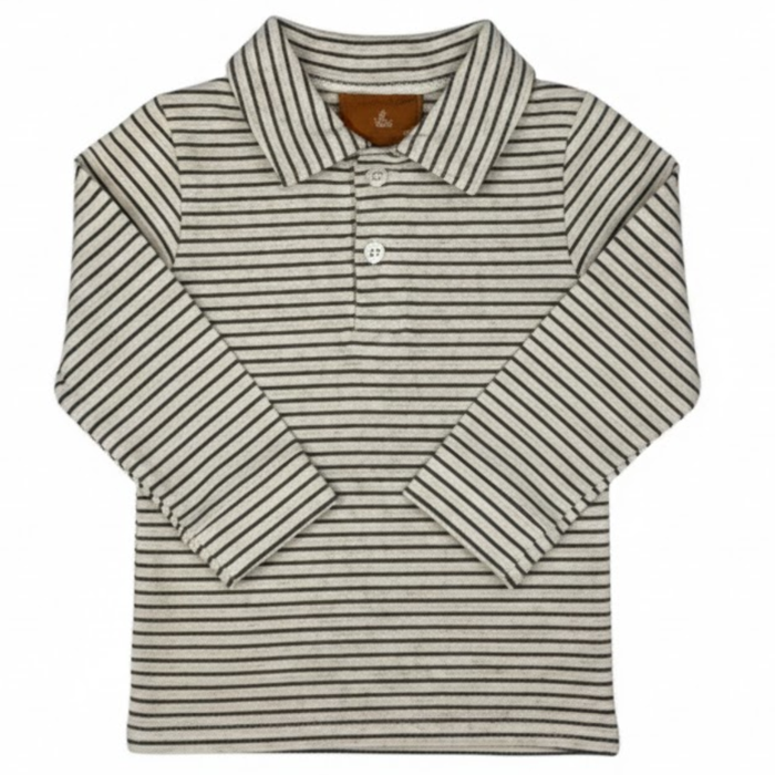 long sleeve brushed cotton polo in a beige heather and brown stripe