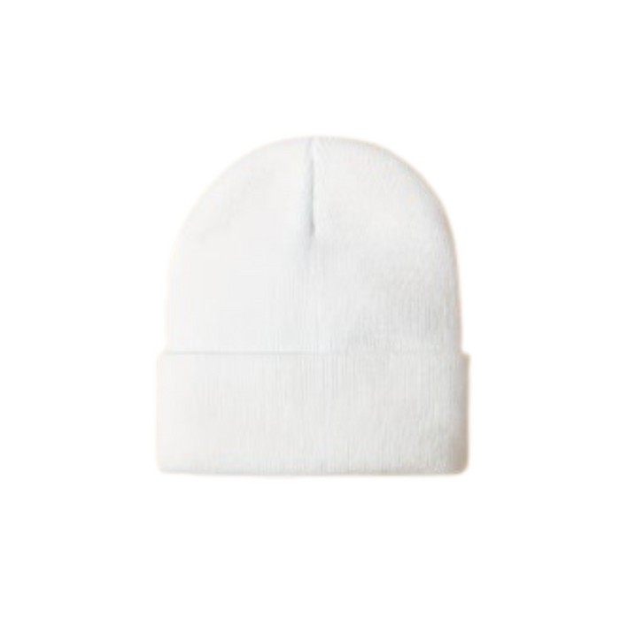 Plain white cotton baby hat with folded brim for a snug newborn fit.